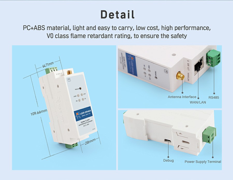Din-Rail RS485 to WIFI and Ethernet Server Converter with Modbus RTU